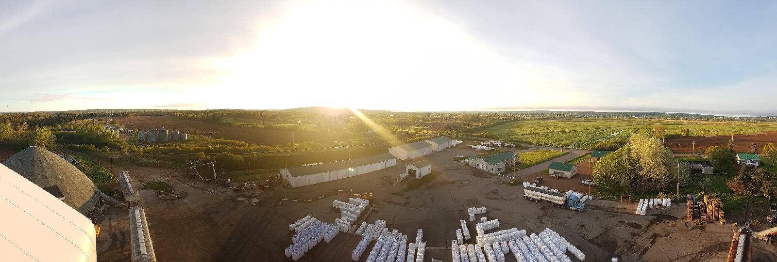 Truro Agromart location and facility aerial view on a day with sun and blue skies